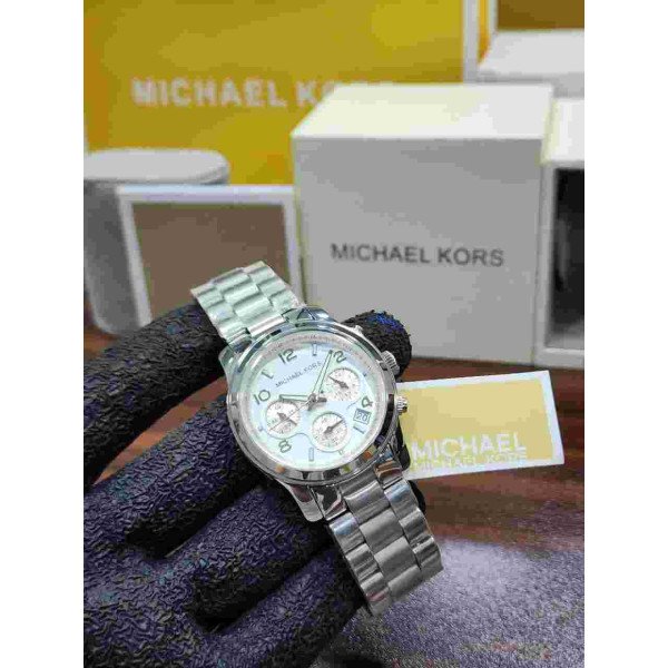 MK Chronograph Watch – Silver Tone with White Dial