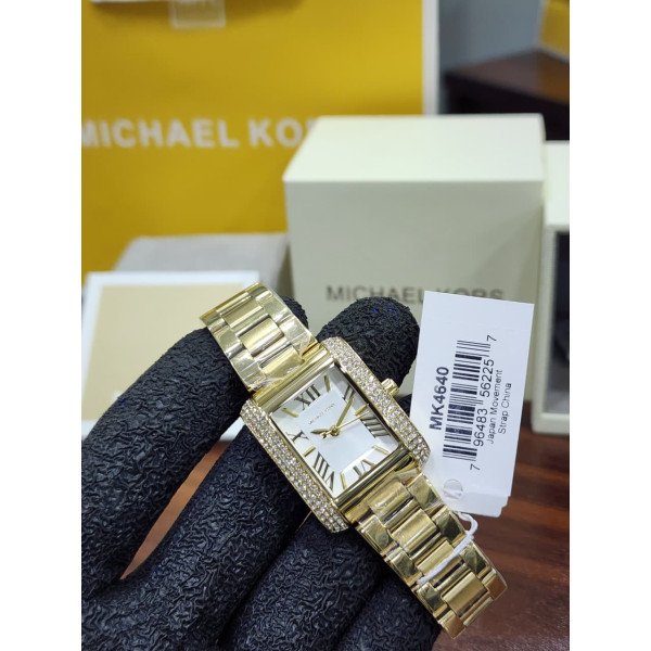 MK women’s rectangular gold-tone crystal-embellished watch