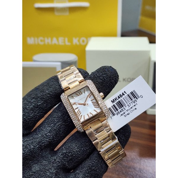 MK women’s rectangular crystal-accent bracelet watch