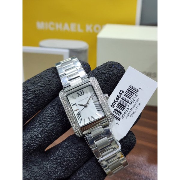 MK Women's Silver-Tone Crystal Rectangular Watch