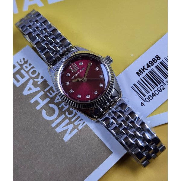 MK Women's Silver-Tone Stainless Steel Watch with Burgundy Crystal Dial