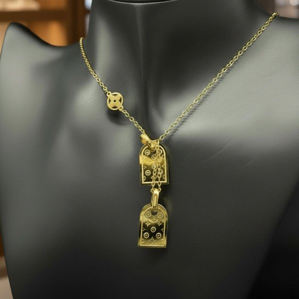 LV Monogram Embossed Double Tablet Necklace